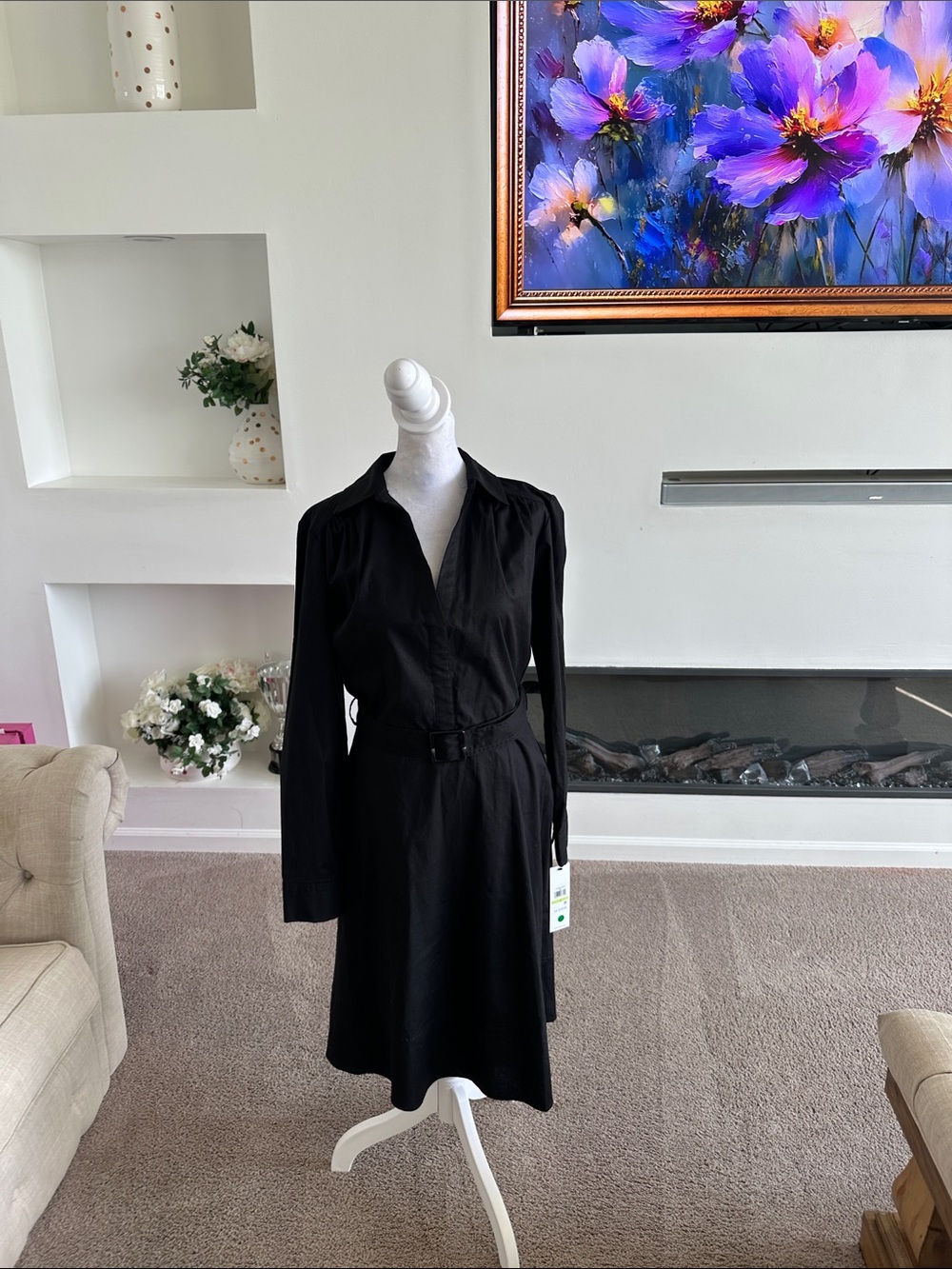 Calvin Klein Black Long-Sleeve Belted Shirt Dress